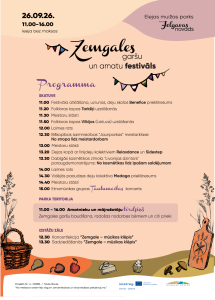 Alt text: Event program for the "Zemgales Garšu un Amatu Festivāls" taking place on September 26, 2026, from 11:00 AM to 4:00 PM at Elejas muižas parks in Jelgava, Latvia. The schedule includes performances by folk groups, master classes, dance presentations, and a concert by the ethnomusic group Tautumeitas. Activities for children and a crafts market are also featured. Alt text: Event program for the "Zemgales Garšu un Amatu Festivāls" taking place on September 26, 2026, from 11:00 AM to 4:00 PM at Elejas muižas parks in Jelgava, Latvia. The schedule includes performances by folk groups, master classes, dance presentations, and a concert by the ethnomusic group Tautumeitas. Activities for children and a crafts market are also featured.