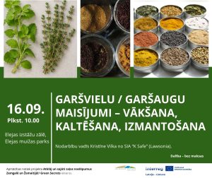 Image showcasing a workshop on herbs and spices, featuring fresh herbs like lemon balm and thyme, along with an array of colorful spices in containers. The event details include date, time, and location in Elejas park, emphasizing topics such as drying and utilizing herbs.