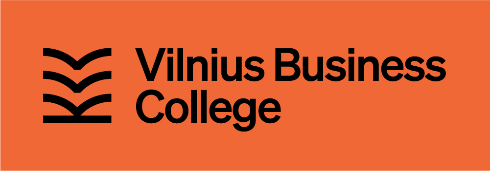 Logo of Vilnius Business College on an orange background, featuring bold black text.