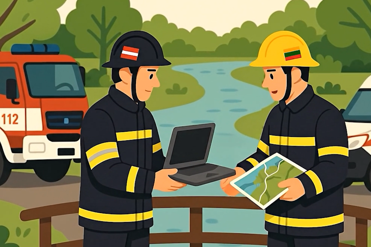 Two firefighters, one wearing a black helmet and the other in a yellow helmet, are collaborating by a river. The firefighter in black is handing over a laptop, while the one in yellow is holding a map. A fire truck is visible in the background, set against a lush, green landscape.