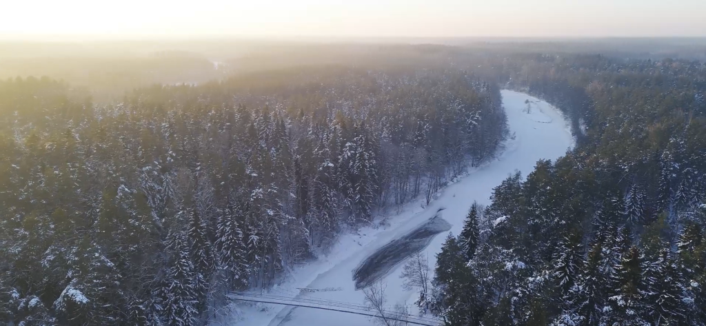 Aerial view of a snowy landscape featuring a winding river surrounded by dense evergreen forests under a soft, hazy sunrise.
