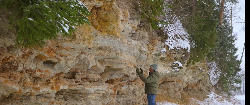 Person examining a rocky cliff face covered in snow, surrounded by winter foliage, showcasing geological features and textures.