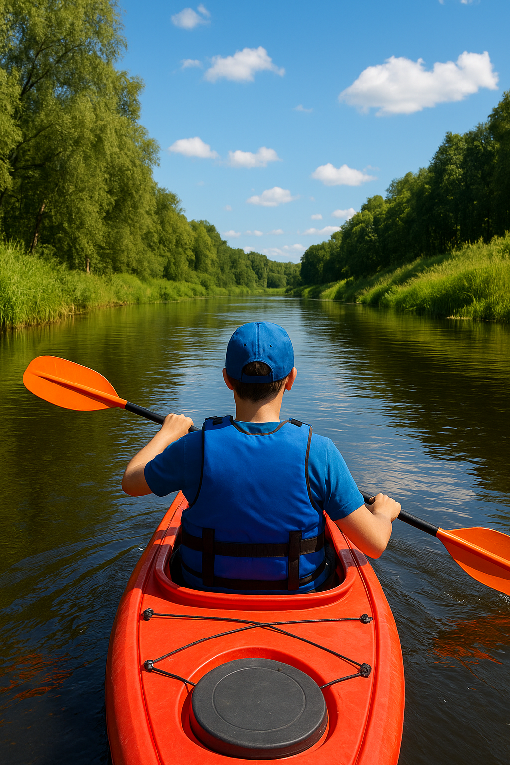 Child kayaking on a calm river surrounded by lush greenery and blue skies, enjoying a summer outdoor adventure.