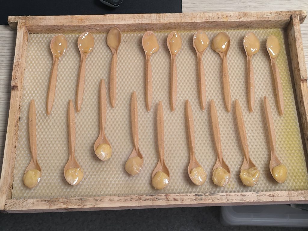 Wooden spoons filled with honey placed on a textured silicone mat, arranged in rows on a wooden tray.