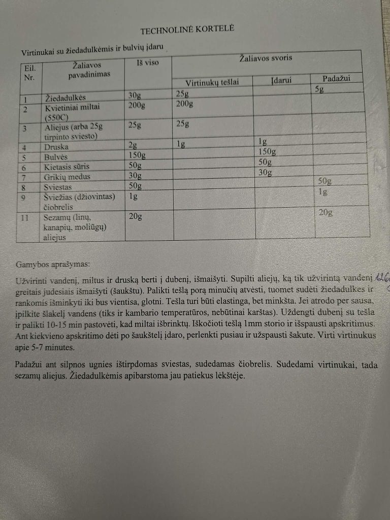 Technical recipe card listing ingredients and instructions for preparing a dish with potatoes and various fillings, including quantities for each ingredient and cooking methods. The document includes a table with ingredient weights and a detailed description of the cooking process.