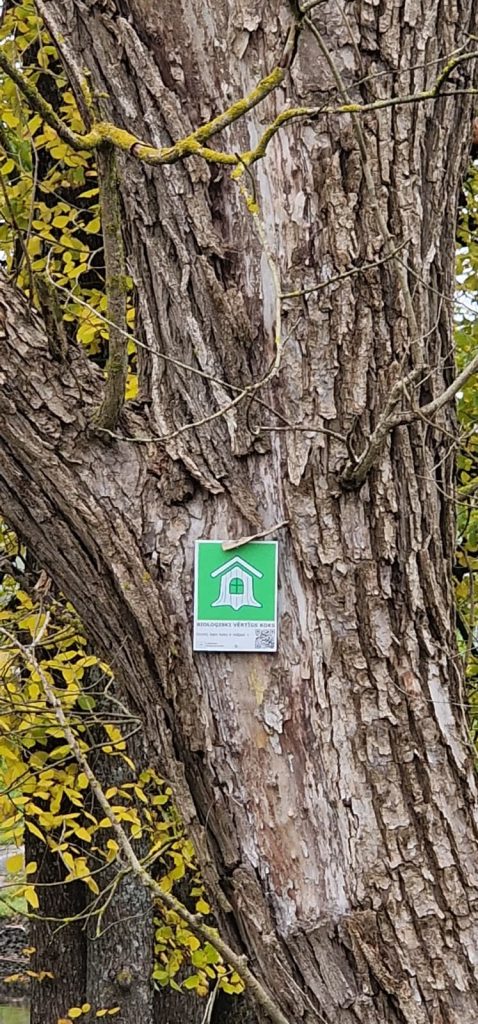 Sign attached to a tree trunk, featuring a green background with a white house icon, indicating ecological significance. Surrounding foliage includes yellow leaves, suggesting an autumn setting.