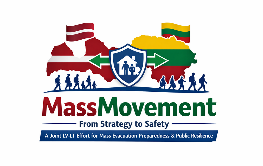 Logo for the Mass Movement initiative, featuring a shield symbolizing safety, with silhouettes of people walking and flags of Latvia and Lithuania in the background. The tagline emphasizes a collaborative effort for mass evacuation preparedness and public resilience.