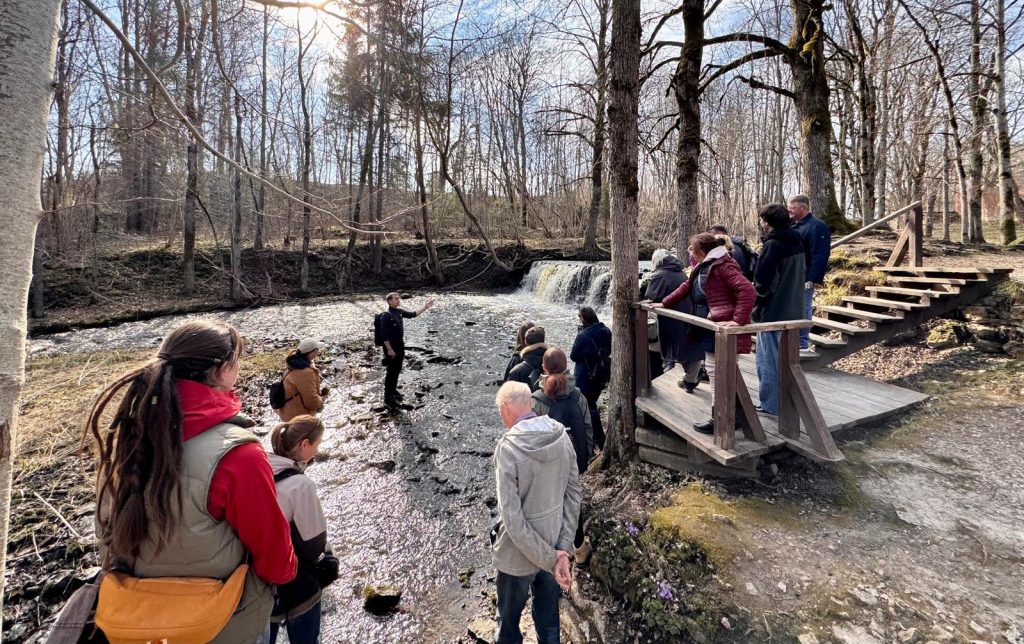 Group of people gathered near a small waterfall in a forest, engaging with a guide who is explaining the natural surroundings. The scene captures the beauty of nature with trees and a flowing stream in the background.