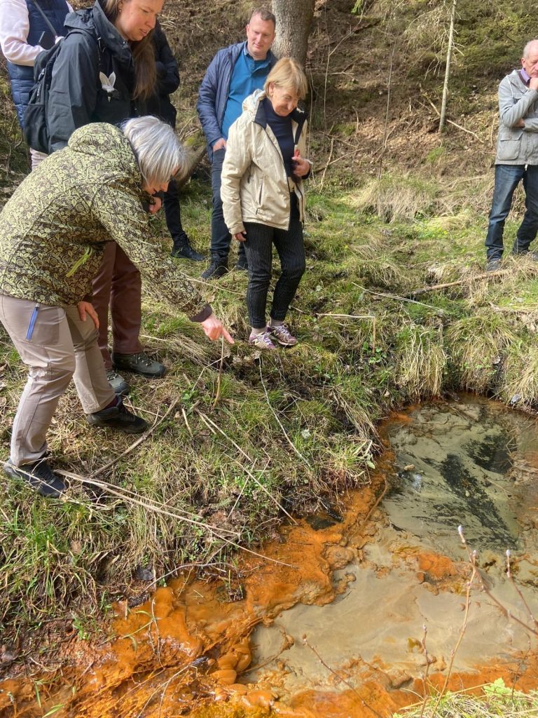 Group of people observing a natural stream with orange-colored water in a forested area, highlighting environmental studies or ecological research. One person points to the water while others look on, indicating a focus on nature conservation and water quality assessment.