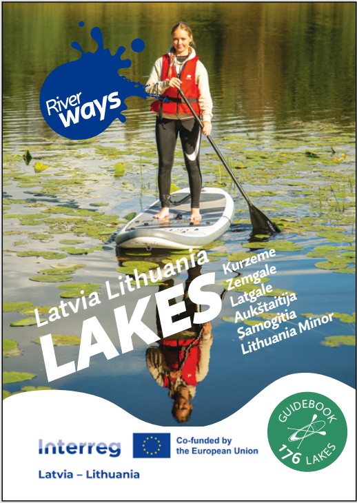 A woman stands on a paddleboard in a serene lake surrounded by lily pads, promoting the "Latvia Lithuania Lakes" guidebook featuring 176 lakes in the region. The image highlights outdoor activities and the natural beauty of Latvia and Lithuania. A woman stands on a paddleboard in a serene lake surrounded by lily pads, promoting the "Latvia Lithuania Lakes" guidebook featuring 176 lakes in the region. The image highlights outdoor activities and the natural beauty of Latvia and Lithuania.