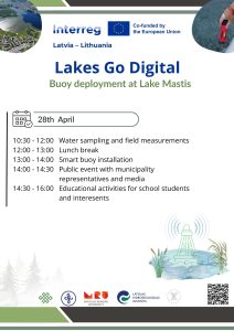Alt text: Schedule for the "Lakes Go Digital" event at Lake Mastis on April 28th, detailing activities such as water sampling, buoy installation, a public event with municipality representatives, and educational activities for students.