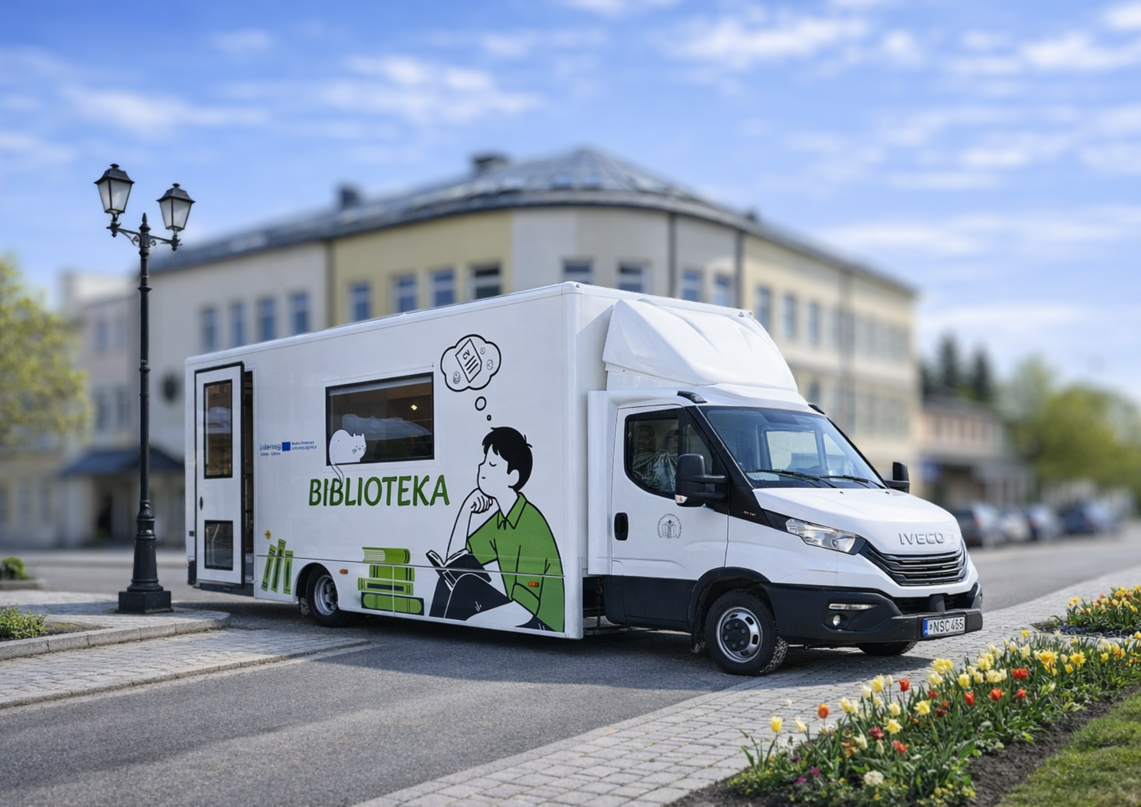 Mobile library vehicle with "Biblioteka" branding parked on a city street, featuring a cartoon illustration of a boy reading, surrounded by blooming flowers and historical buildings in the background.