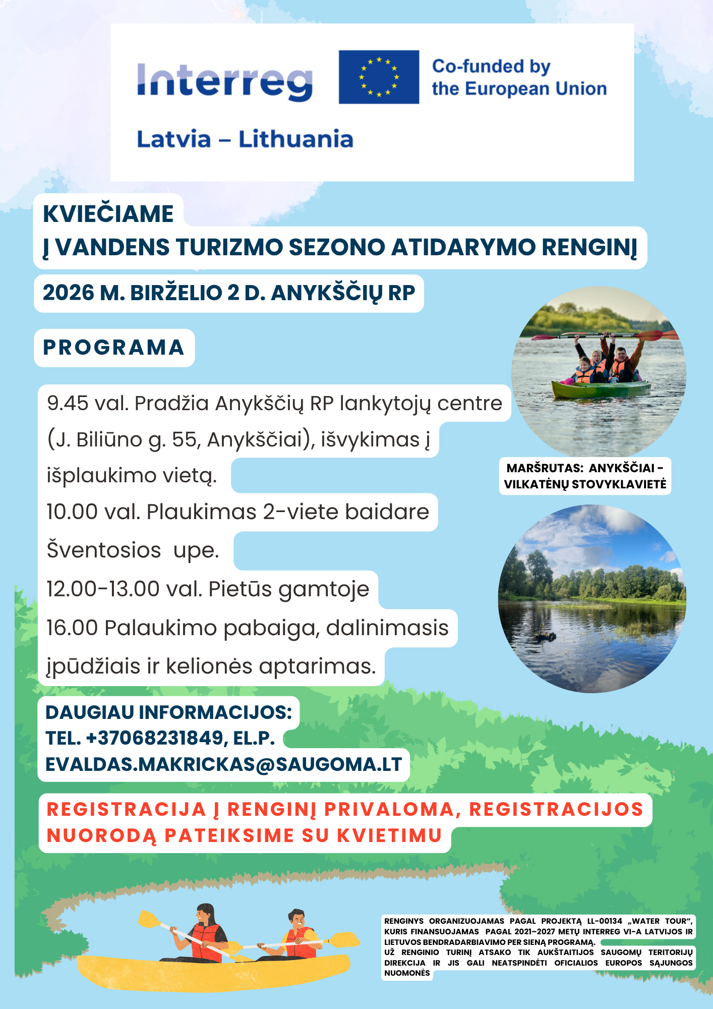 Event flyer for the opening of the water tourism season in Anykščiai, Latvia, on June 2, 2026. Features a detailed program including kayaking activities, lunch, and discussions. Includes contact information for registration and highlights cooperation with the European Union through the Interreg project.
