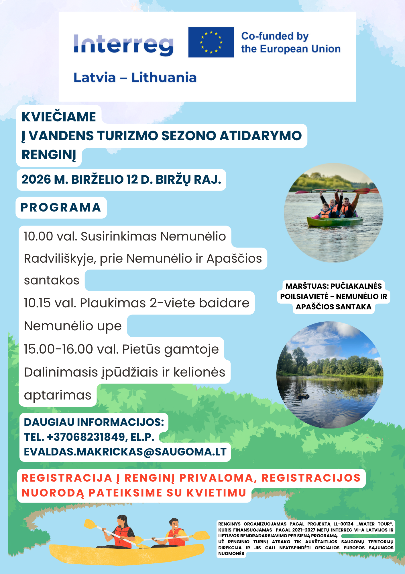 Event poster for the Interreg Latvia-Lithuania water tourism season opening on June 12, 2026, in Biržų district. It includes a schedule for activities such as gathering at Nemunėlis River, kayaking, and nature lunch with discussions on trips and experiences. Contact information and registration details are provided.