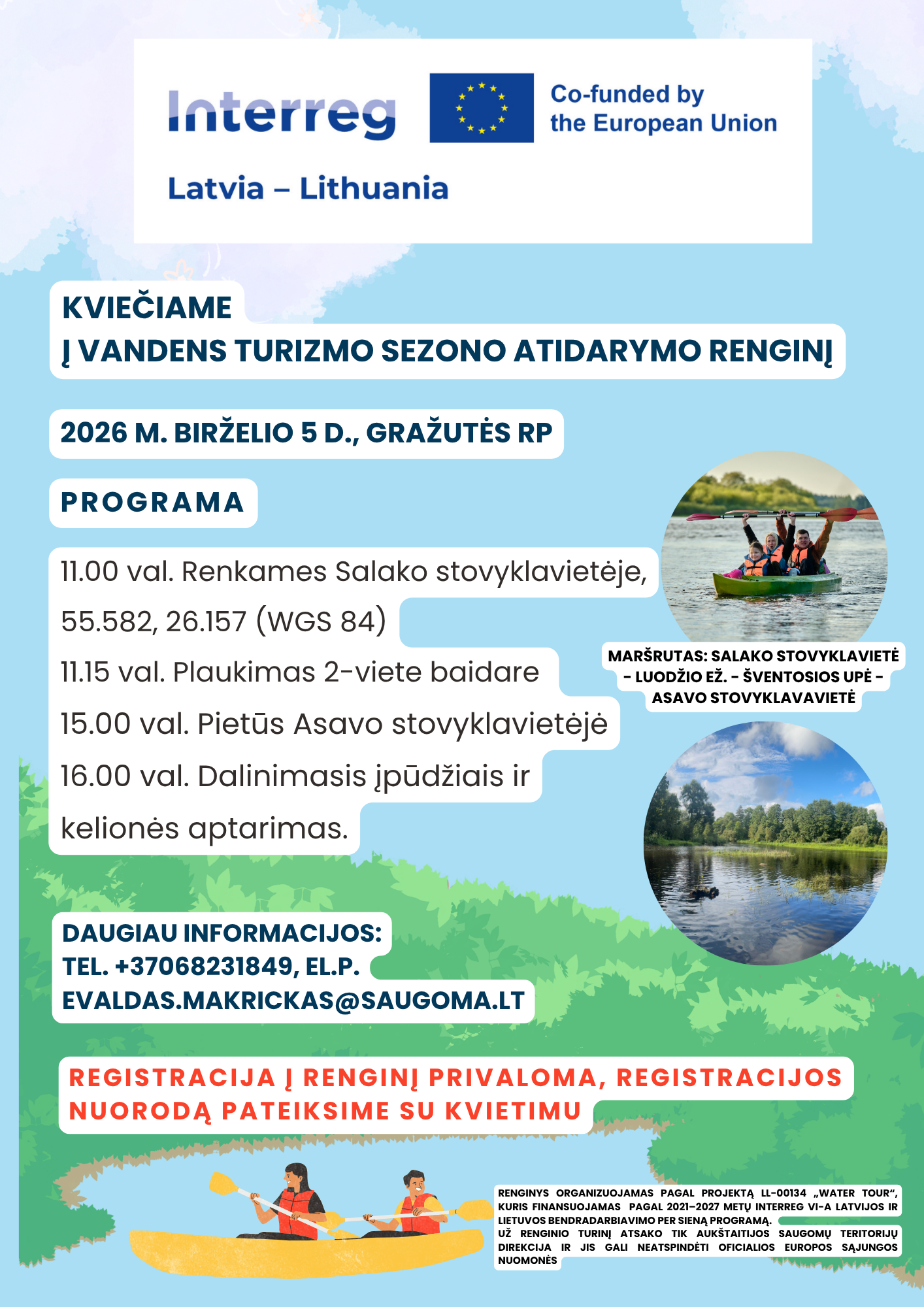 Event flyer for the Latvia-Lithuania water tourism season opening, featuring details such as date, location, and program schedule. The flyer includes activities like kayaking, discussions, and location coordinates, along with contact information for registration.