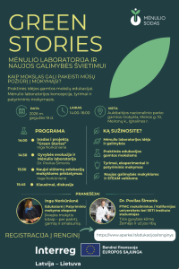 Event poster for "Green Stories," featuring details about a workshop focused on nature science education, scheduled for May 19, 2026, from 14:00 to 16:00 at Aukštaitijos National Park. The program includes presentations by Inga Norkūnienė and Dr. Povilas Šimonis, discussing practical educational ideas, the concept of a menu laboratory, and experiential learning. Registration link and sponsors included.