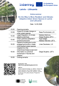 Online seminar agenda for "On the Way to More Resilient and Climate-Adaptive Urban Green Spaces in Latvia and Lithuania," scheduled for May 14, 2026. The event includes discussions on climate change impacts, legal integration of adaptive plantings, and urban greenery solutions, featuring speakers from LIK and LBTU. A QR code provides a registration link for participants.