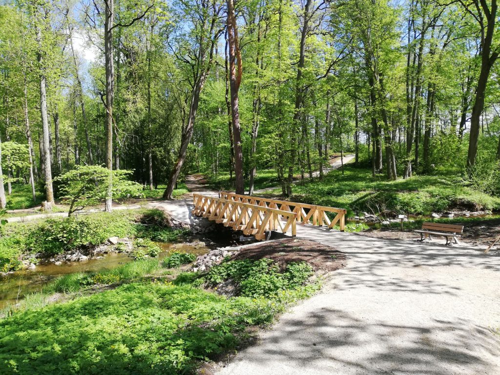 Scenic view of a wooden bridge over a stream in a lush green forest, surrounded by tall trees and a walking path, ideal for nature walks and outdoor activities.
