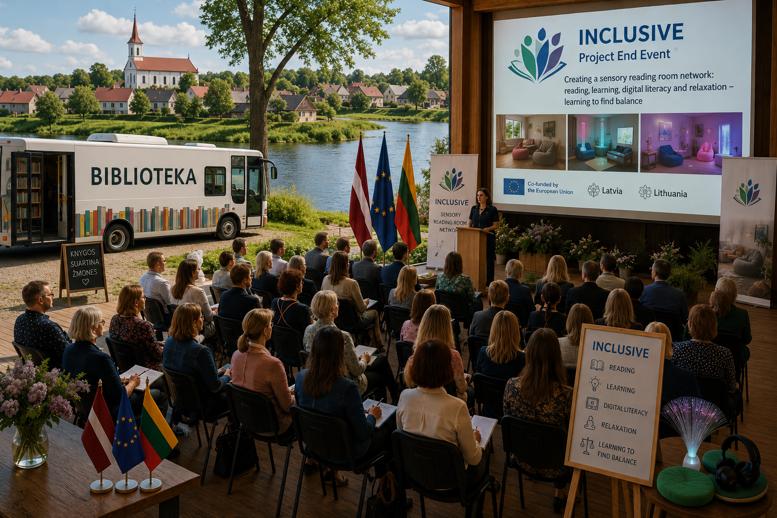 Event showcasing the INCLUSIVE project, focused on creating a sensory reading room network for reading, learning, digital literacy, and relaxation. Attendees gather outdoors by a river, with a mobile library bus and banners from Latvia, Lithuania, and the EU.