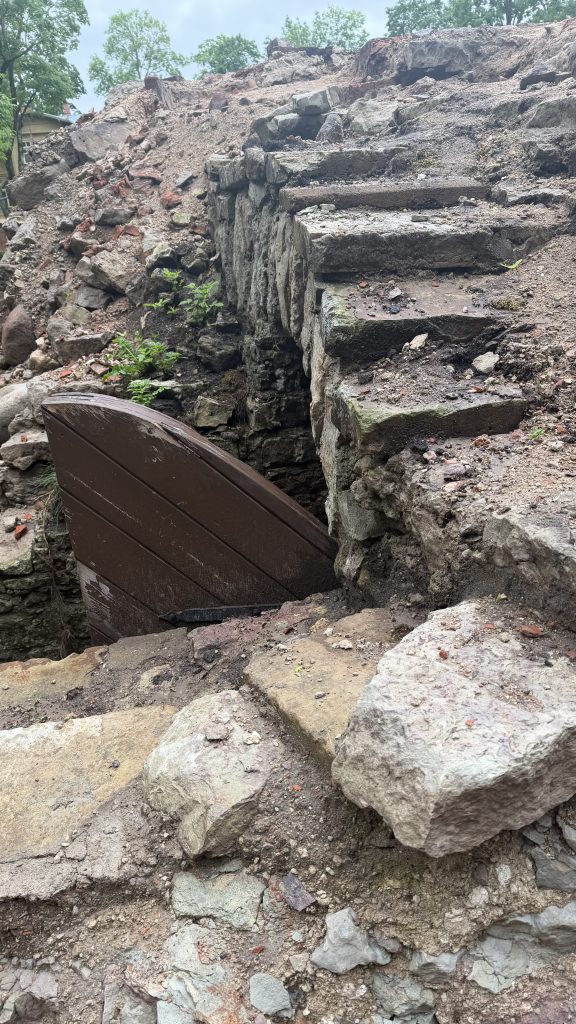 Ancient stone steps leading to an arched entrance with a wooden door, surrounded by rubble and greenery, showcasing the remnants of a historical site.