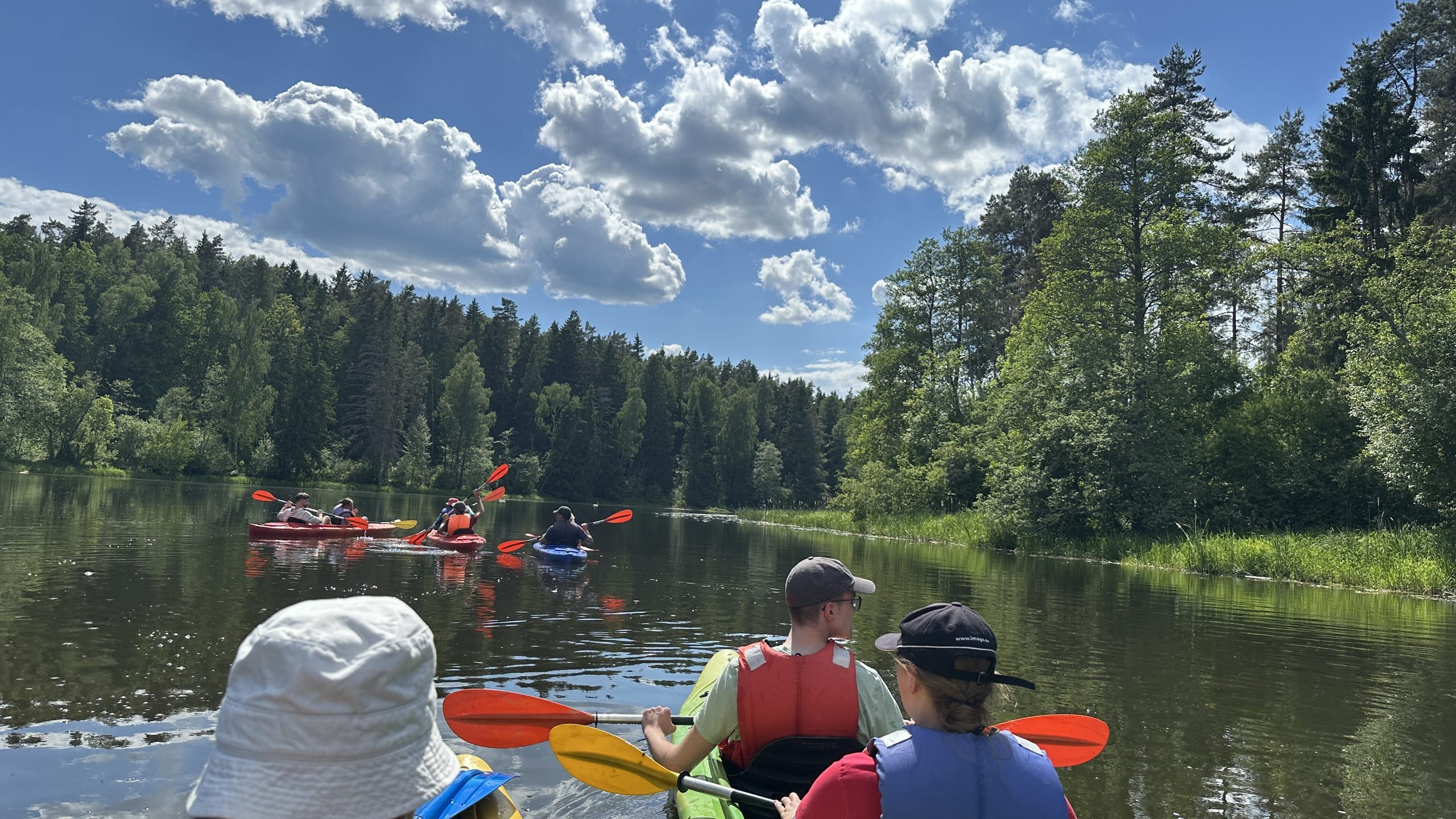 Group of kayakers paddling on a serene lake surrounded by lush green trees and a clear blue sky with fluffy clouds, showcasing a perfect day for outdoor adventure and water sports.