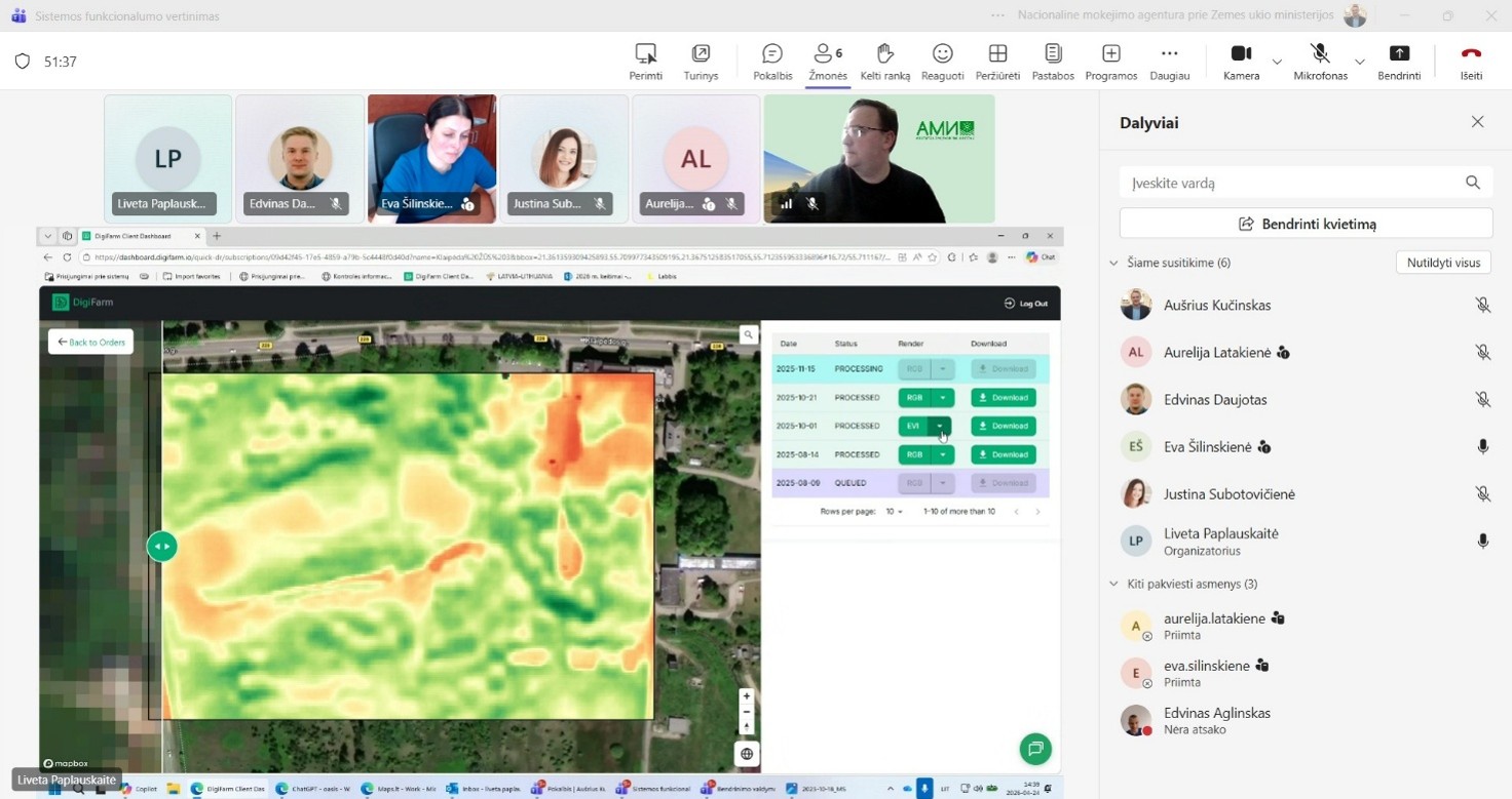 Screenshot of a virtual meeting on a platform displaying a map analysis tool from DigiFarm. The image features a color-coded heatmap indicating various data points, with participants visible in a video call interface. The sidebar includes options for data processing status and download links.