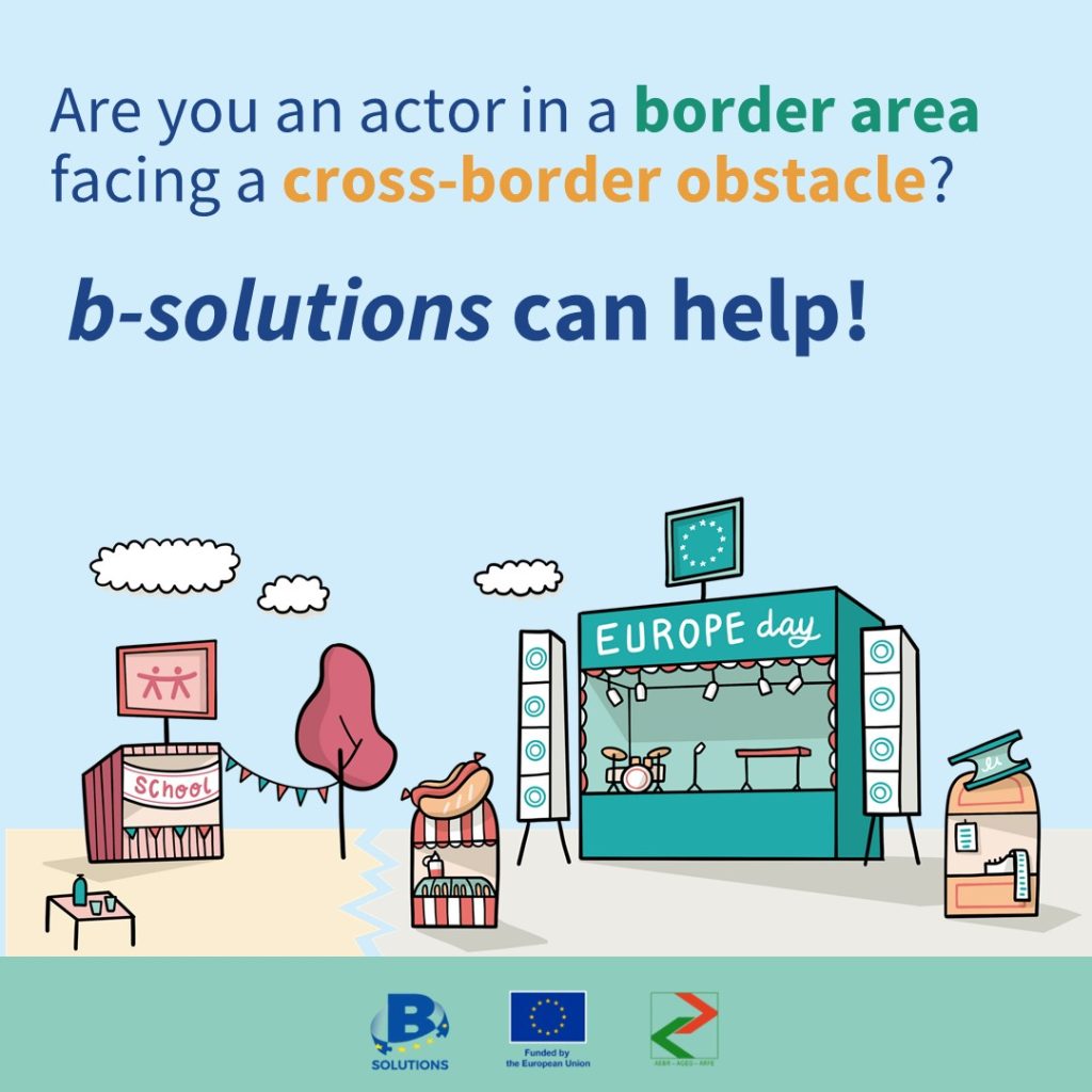 Illustration promoting b-solutions, a program assisting actors in border areas with cross-border obstacles, featuring a colorful festival scene with a stage labeled "Europe Day," a school booth, and food stalls. The image includes logos of the European Union and b-solutions, emphasizing support for local initiatives.