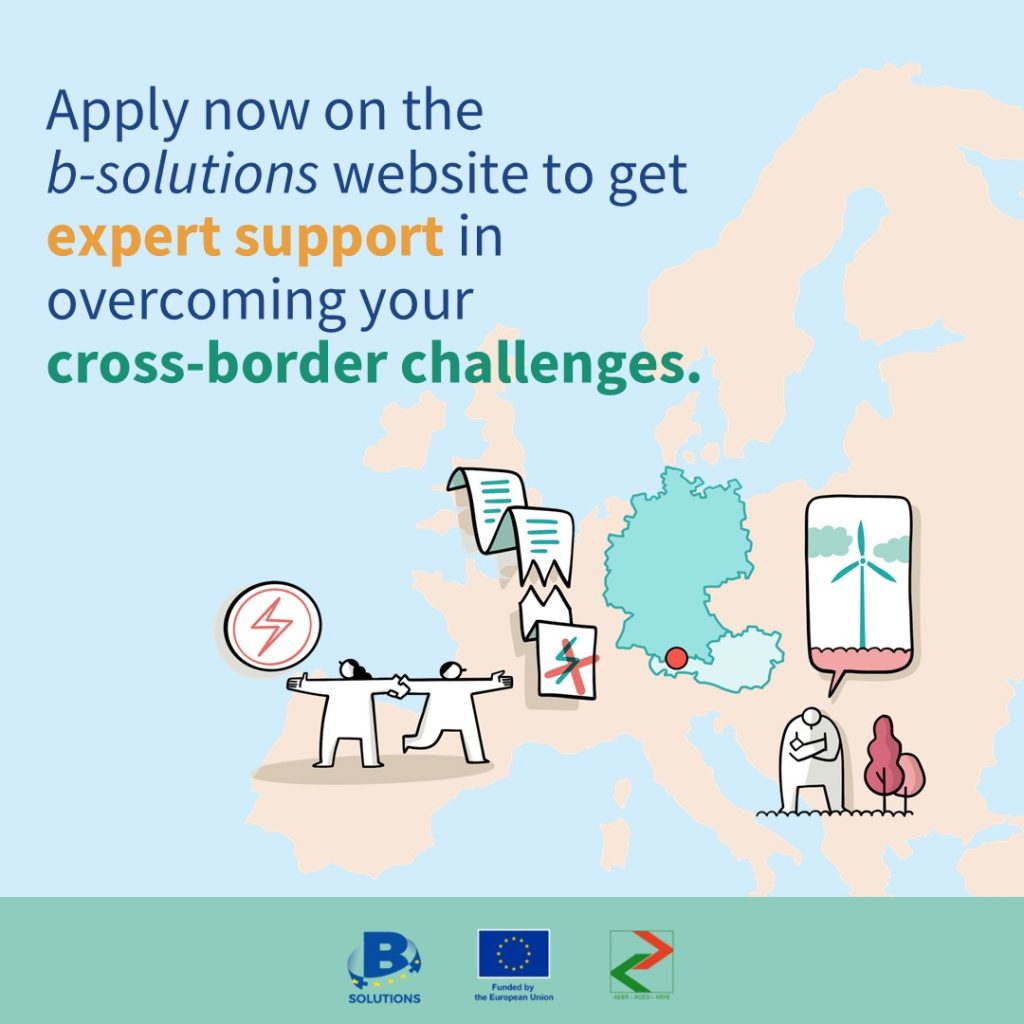 Illustration promoting the b-solutions website, highlighting expert support for overcoming cross-border challenges in Europe, featuring people collaborating, documents, and symbols of renewable energy.