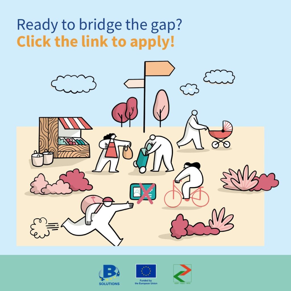 Illustration depicting community engagement with people participating in various activities like shopping, cycling, and pushing strollers. The image promotes an initiative to encourage applications, featuring a call to action: "Ready to bridge the gap? Click the link to apply!" Logos of supporting organizations are also displayed.
