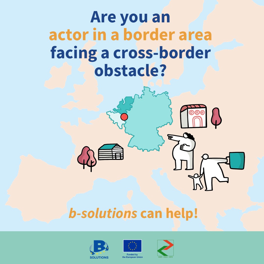 Illustration highlighting cross-border obstacles in Europe, featuring a map with border areas, people in various activities, and the slogan promoting b-solutions for assistance.