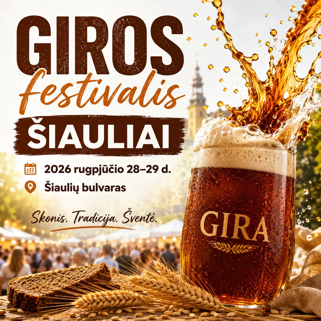 Giros Festival in Šiauliai, Lithuania, featuring a frothy beverage and traditional rye bread, scheduled for August 28-29, 2026, at Šiaulių bulvaras. Celebrating taste, tradition, and festivity.