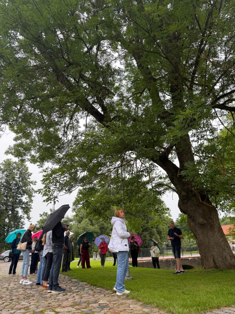 Participants of the Sustainable Park Management workshop at Jēkabpils History Museum gather under a large tree, some holding umbrellas, as they engage in practical discussions about park conservation and management techniques.