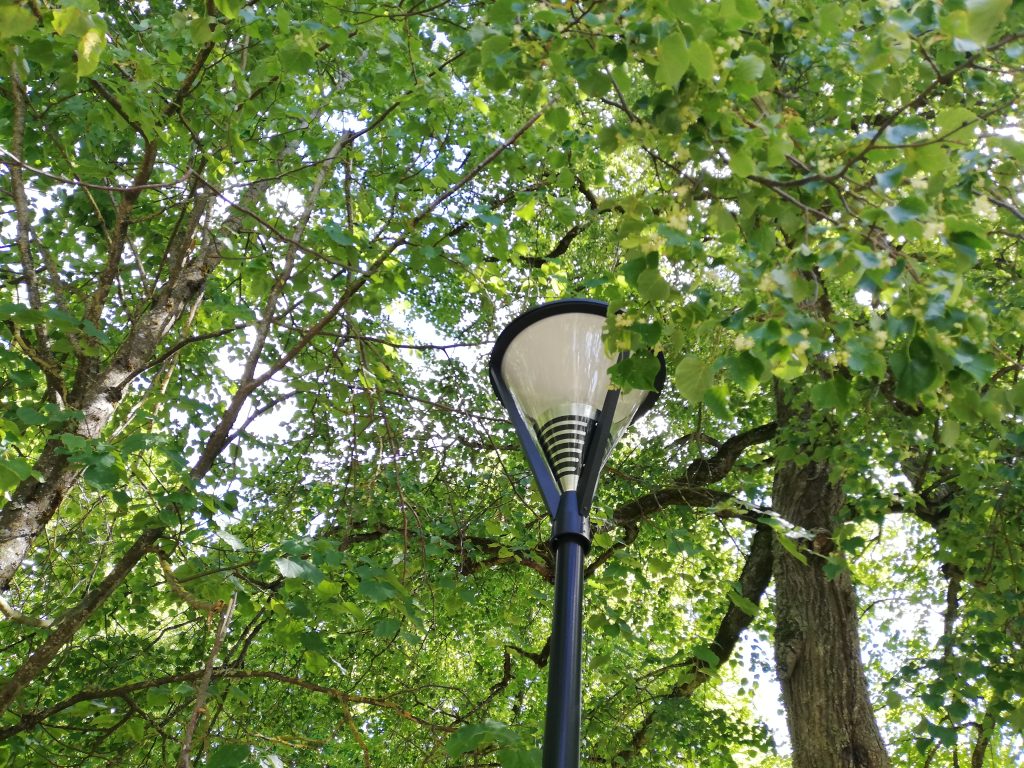 Footpath lighting fixture installed in Joniškėlis Manor Park, surrounded by lush green trees and foliage, providing illumination for pathways.