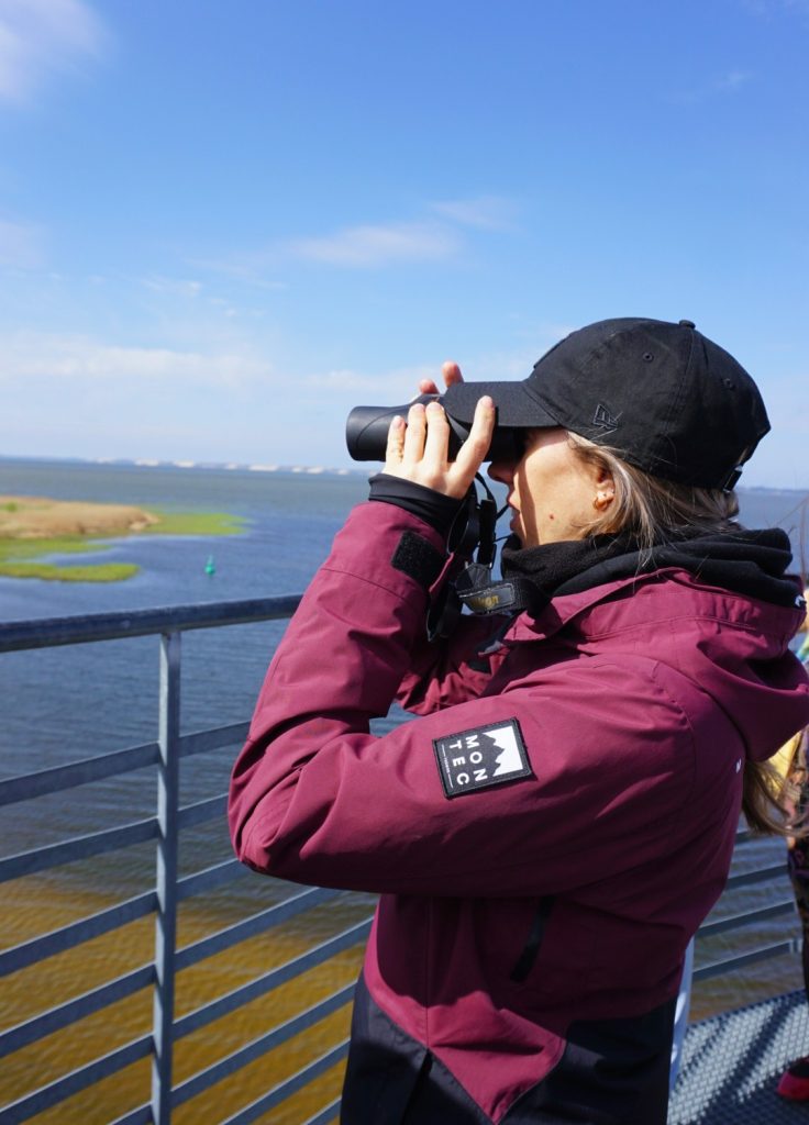 Woman using binoculars to observe the Klaipėda region's landscape from a viewing platform, highlighting the exploration of BIRDIE project results.