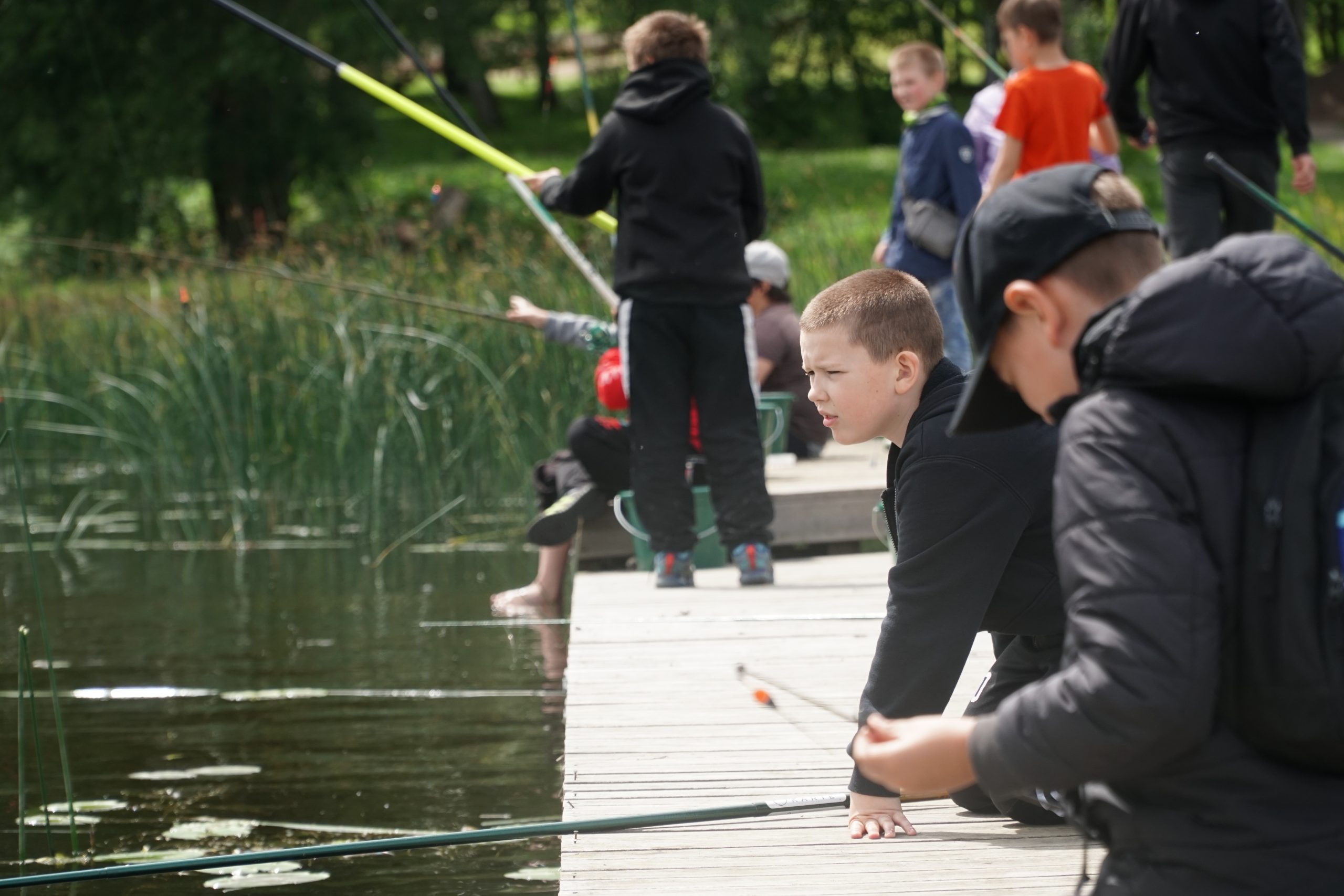 Children fishing on a wooden dock, focused on their lines while enjoying a sunny day outdoors, surrounded by lush greenery and water.