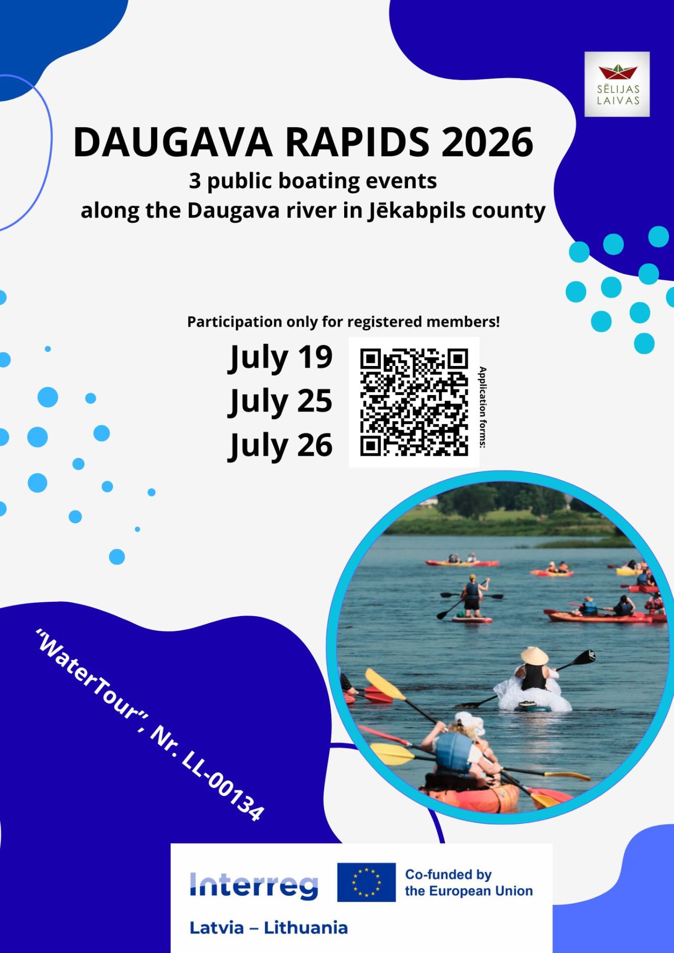 Alt text: Promotional poster for the Daugava Rapids 2026, featuring three public boating events along the Daugava River in Jēkabpils County on July 19, 25, and 26. Includes a QR code for registration and logos for the Interreg Latvia-Lithuania project. An image of kayakers on the river is featured.