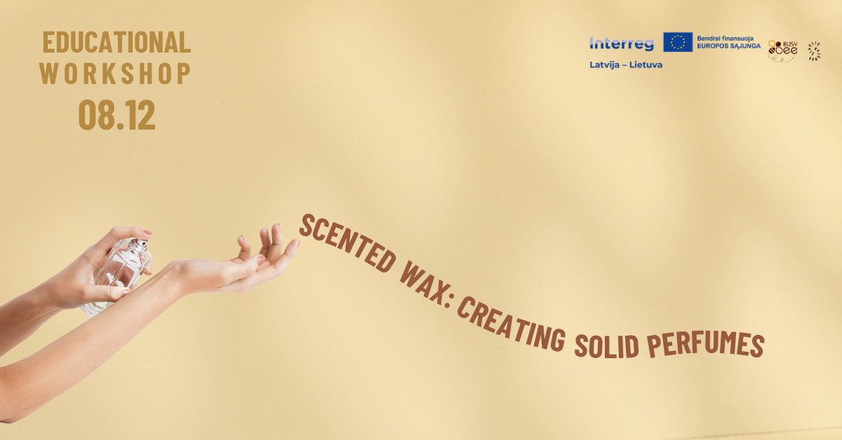 Hand holding a perfume bottle against a soft yellow background, promoting the educational workshop titled "Scented Wax: Creating Solid Perfumes" scheduled for December 8th.