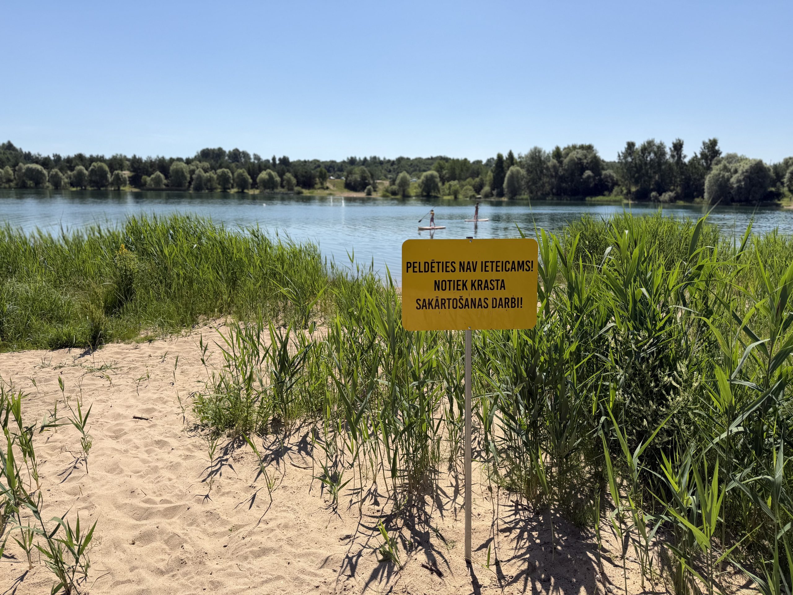 Sign warning against swimming at a sandy beach area with lush green grass and a calm river in the background, indicating ongoing maintenance work. Sign warning against swimming at a sandy beach area with lush green grass and a calm river in the background, indicating ongoing maintenance work.