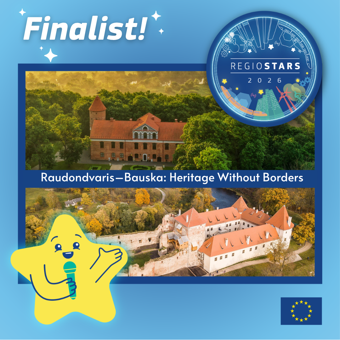 Finalist announcement for the RegioStars 2026 competition featuring the Raundondvaris-Bauska project, showcasing heritage sites in a vibrant landscape, with a cartoon star character holding a microphone.