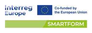 Interreg Europe logo, co-funded by the European Union, featuring the SMARTFORM initiative. The design includes a blue and green color scheme with prominent text highlighting collaboration and innovation in European projects.
