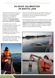 Field researchers conducting water sampling and calibration of a smart buoy at Lake Mastis, Lithuania, for the Lakes Go Digital Project. The image shows scientists using various equipment, including a Secchi disk and Manta net, to collect data on water quality and microplastics.