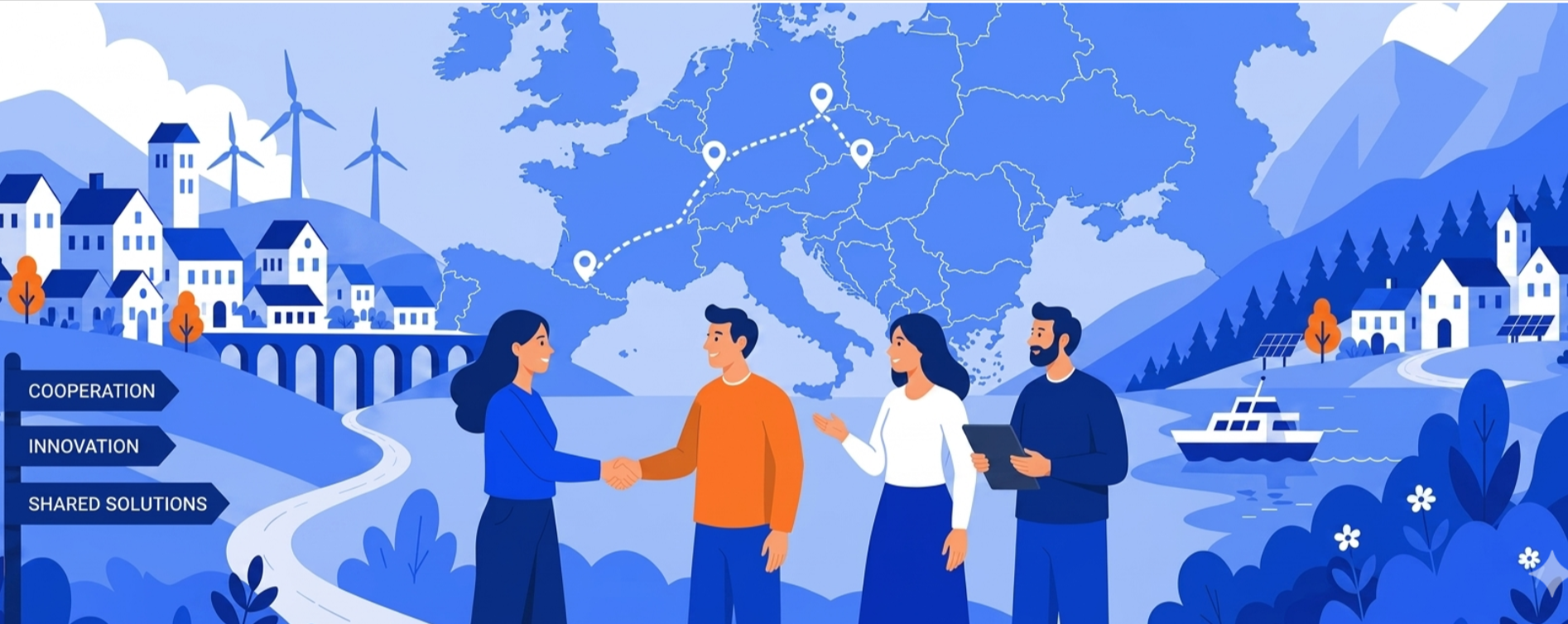 Illustration depicting a diverse group of professionals engaging in cooperation and innovation against a backdrop of European landscapes, featuring wind turbines, solar panels, and a map with connecting routes. Keywords include cooperation, innovation, and shared solutions. Illustration depicting a diverse group of professionals engaging in cooperation and innovation against a backdrop of European landscapes, featuring wind turbines, solar panels, and a map with connecting routes. Keywords include cooperation, innovation, and shared solutions.