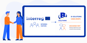 Illustration depicting two people shaking hands under the Interreg logo, symbolizing collaboration among visitors. The image highlights the B-Solutions initiative, emphasizing exchange visits for sharing experiences and solutions across borders within the European Union. Illustration depicting two people shaking hands under the Interreg logo, symbolizing collaboration among visitors. The image highlights the B-Solutions initiative, emphasizing exchange visits for sharing experiences and solutions across borders within the European Union.