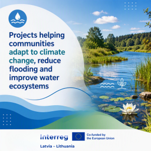 Image illustrating projects aimed at helping communities adapt to climate change, reduce flooding, and enhance water ecosystems, featuring a serene river landscape with greenery and a water lily.