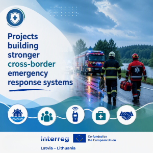 Image illustrating cross-border emergency response projects, featuring firefighters and emergency responders walking along a wet road, with emergency vehicles in the background. The design highlights the importance of strengthening collaborative safety measures in Latvia and Lithuania, supported by the Interreg program and the European Union.