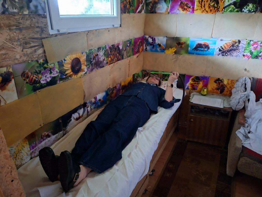 Person lying on a bed in a cozy room decorated with vibrant bee and flower photographs, demonstrating the concept of "Bee Therapy" during an educational workshop.