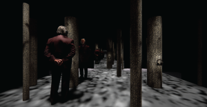 A dimly lit interactive museum installation featuring figures in dark suits standing among textured pillars, creating an immersive experience for visitors as part of the MATOMI project.