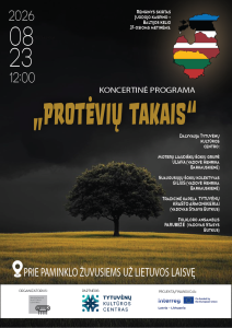 Promotional poster for the concert "Protėvių Takais" on August 23, 2026, celebrating cross-border cultural cooperation in Baisogala, featuring various cultural groups and performances.