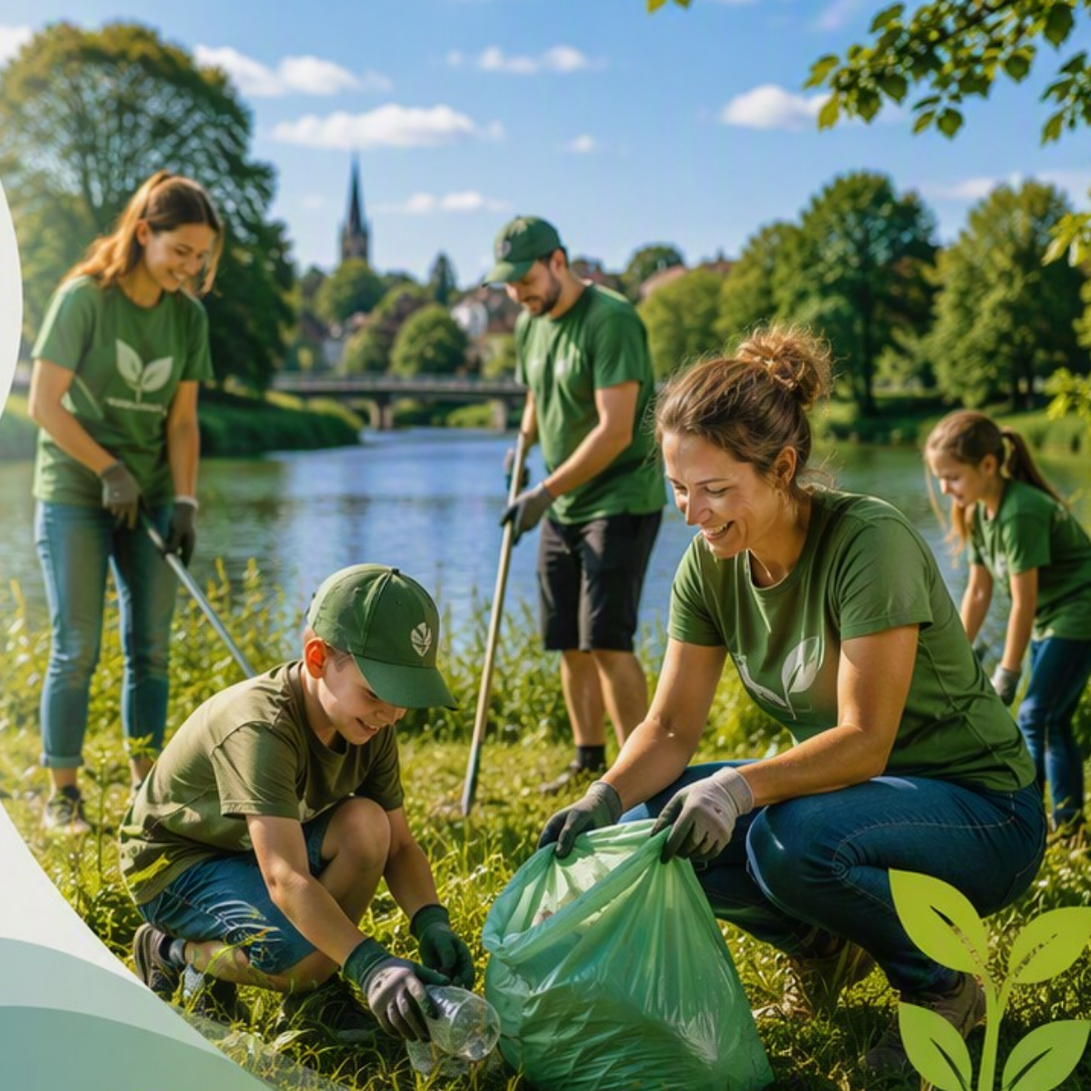A group of volunteers in green shirts and gloves participates in a community clean-up along a riverbank, picking up trash and promoting environmental sustainability. A group of volunteers in green shirts and gloves participates in a community clean-up along a riverbank, picking up trash and promoting environmental sustainability.