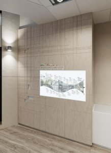 Modern museum exhibit showcasing a timeline titled "Ignalinos krašto laiko juosta," illustrating local history through images and descriptions on a wall display, set in a contemporary interior space.